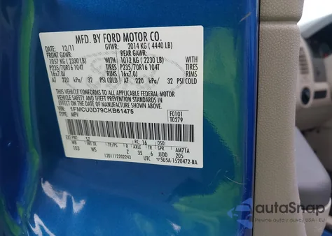 2012 Ford Escape Xlt z USA, uszkodzony, nr VIN 1FMCU0D79CKB61475